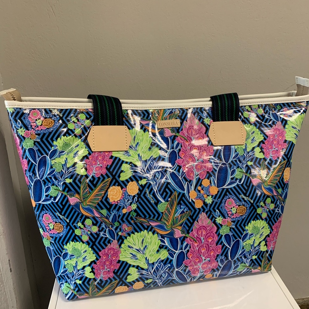 Consuela Jewel Zipper Blue and Pink Floral Tote